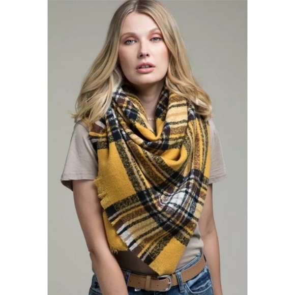SOLD OUT Mustard Glen Plaid Square Blanket Scarf - Picture 3 of 4